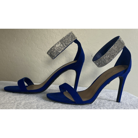 Anne Michelle Size 8 Royal Blue Faux Diamonds Open Toe High Heels Ankle Strap - Picture 3 of 16